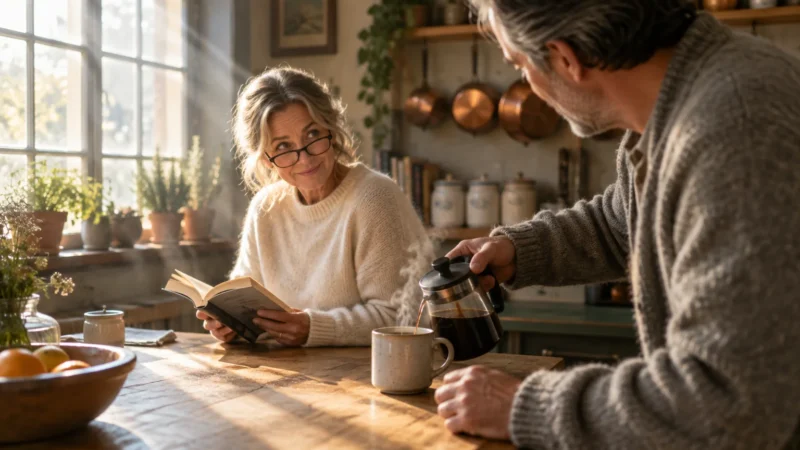 A man pouring hot coffee into a mug for a smiling woman reading a book at a rustic kitchen table.
