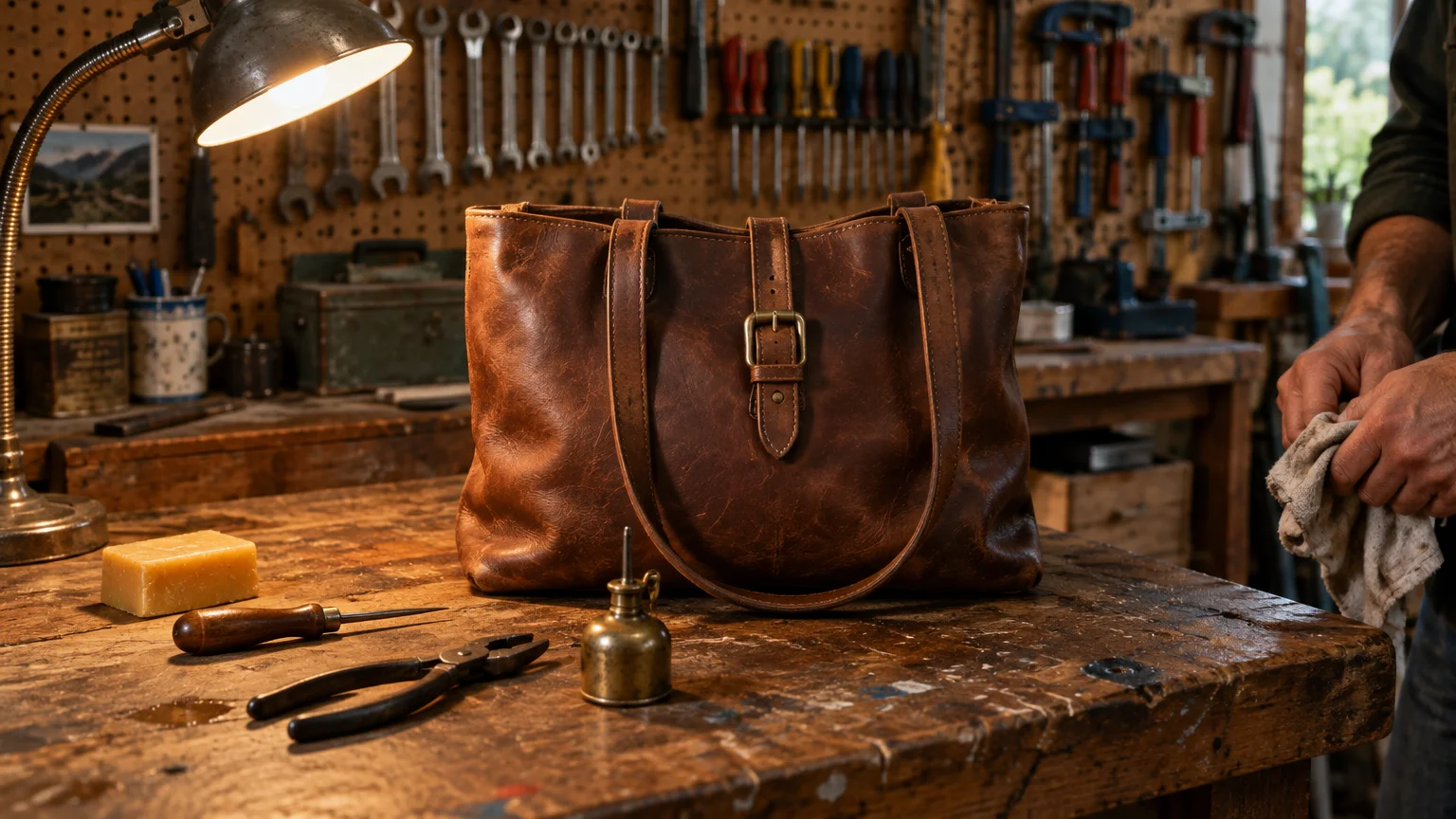 Brown leather tote bag on a rustic wooden workbench surrounded by leatherworking tools and an oil can.