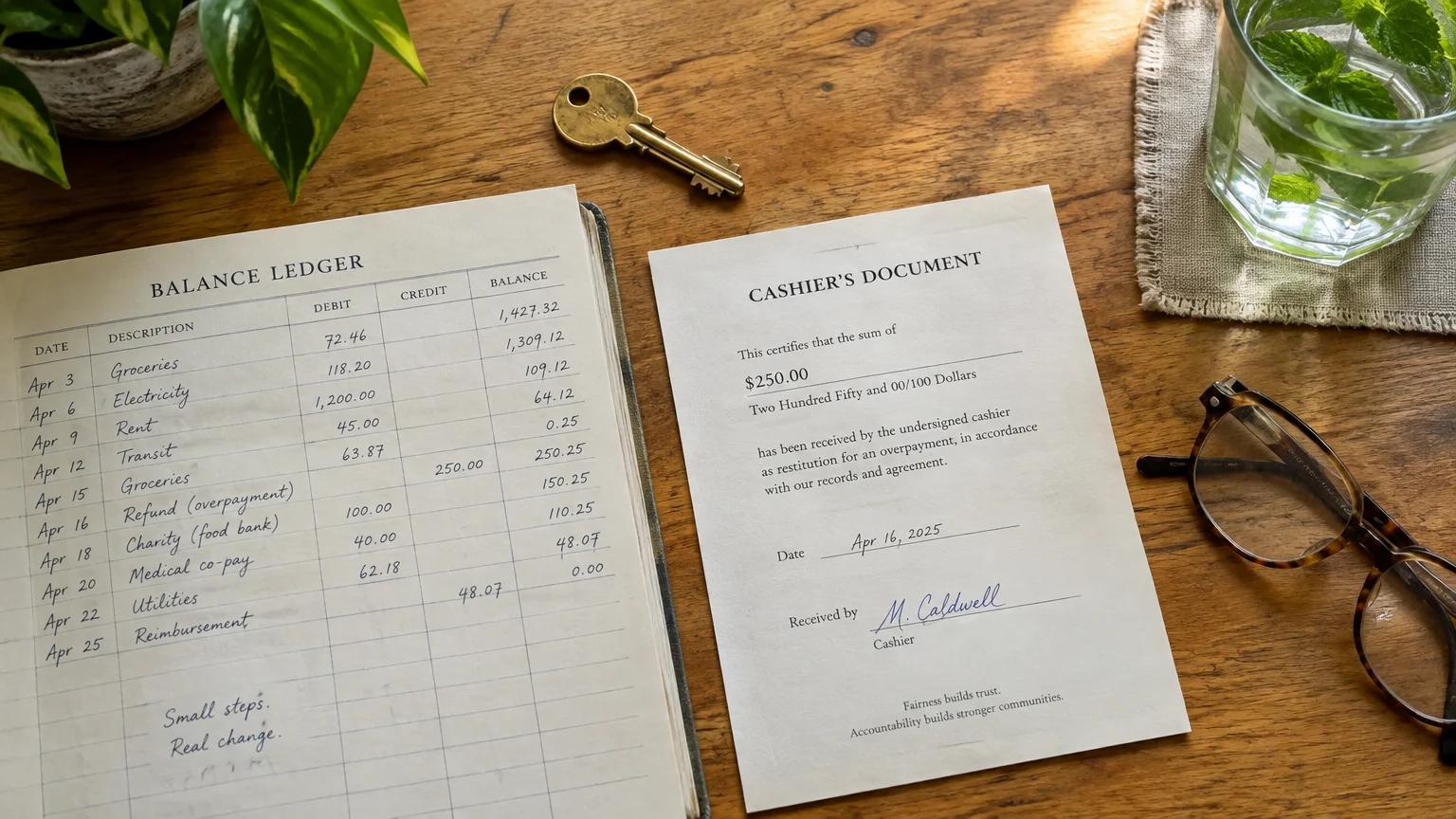 A handwritten balance ledger and signed cashier restitution document beside a brass key and eyeglasses on a wooden table.