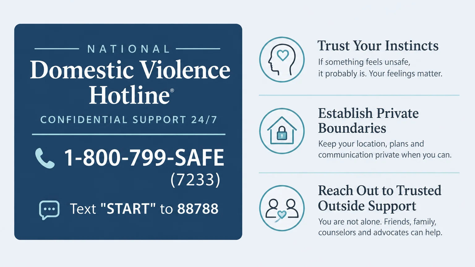 National Domestic Violence Hotline graphic listing phone number 1-800-799-SAFE and safety advice steps.