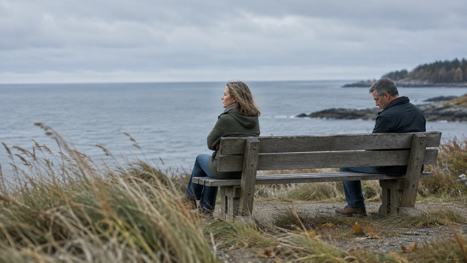 A man and woman sit separated on opposite ends of a wooden bench overlooking a calm, overcast ocean.