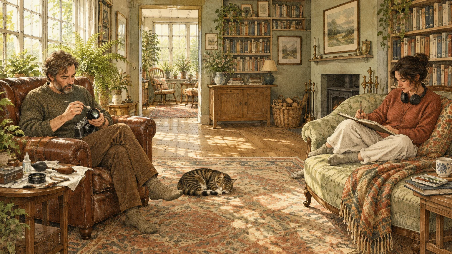 Illustration of a man cleaning a camera and a woman sketching in a sunlit, plant-filled living room with a sleeping cat.