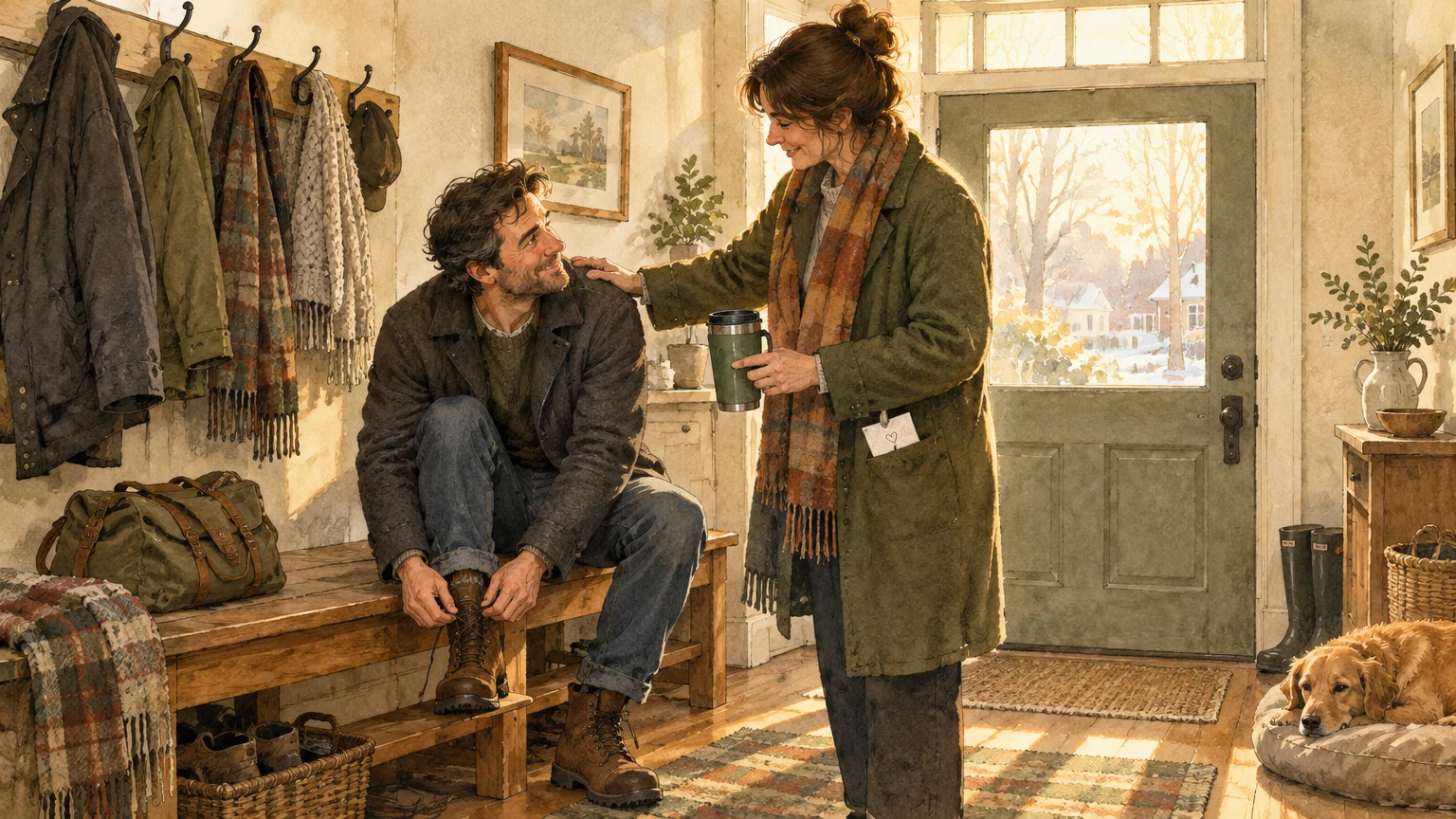 Illustration of a woman handing a travel mug to a man tying his boots in a rustic entryway beside a golden retriever.