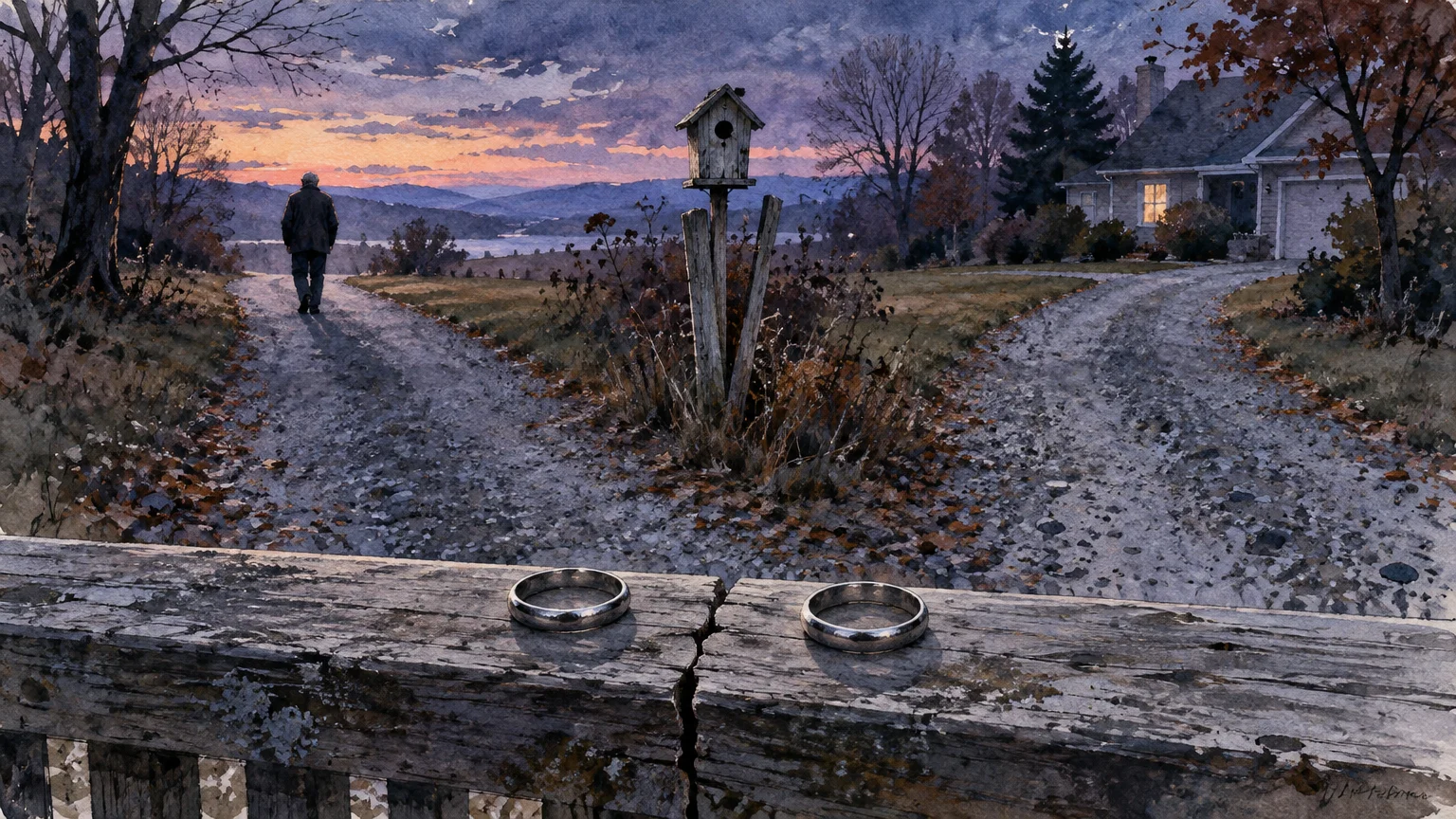 Watercolor of two wedding rings on a cracked railing before a forked road where a lone man walks away at dusk.
