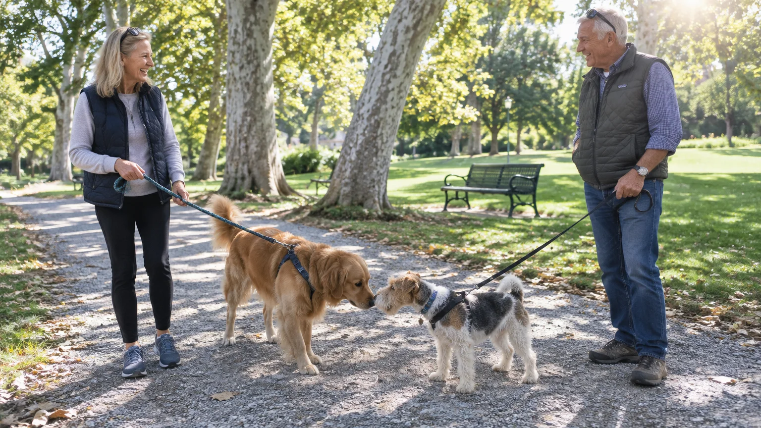 A smiling man and woman stop on a sunny park gravel path as their two leashed dogs sniff each other.