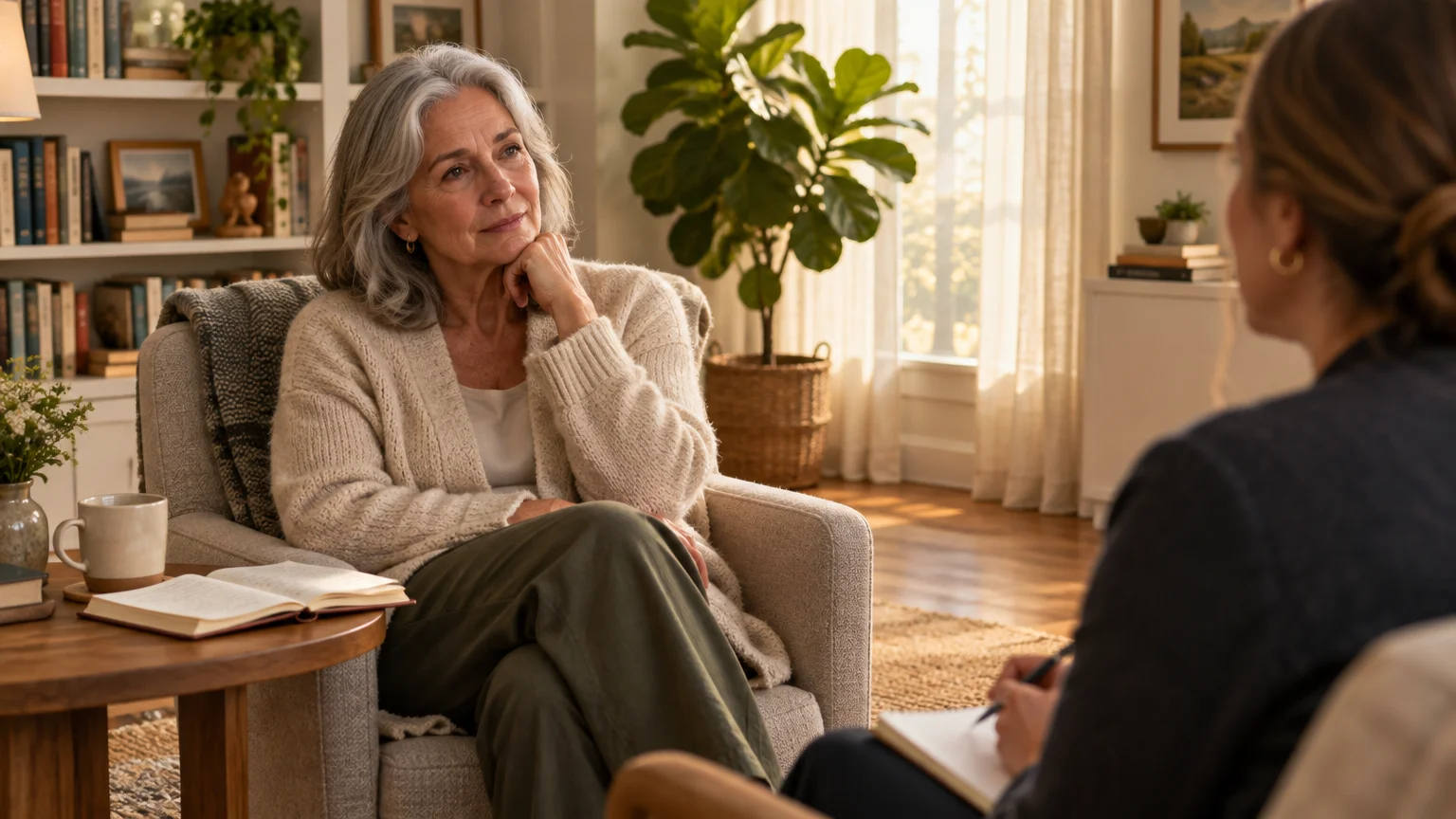 Senior woman sitting in an armchair with her hand on her chin, listening to a counselor taking notes in an office.
