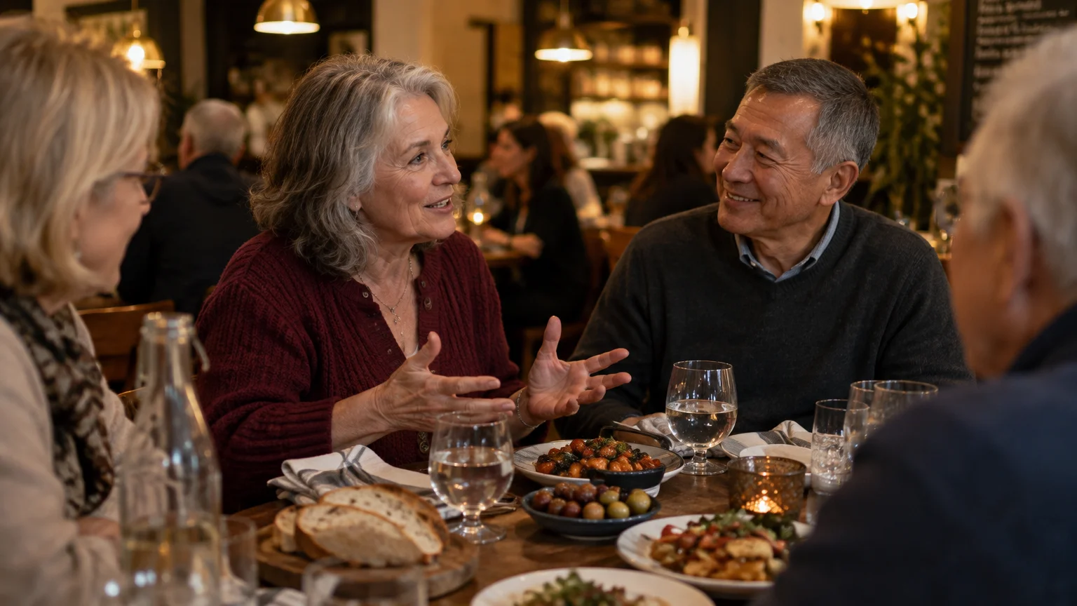 A group of older adults smiling, talking, and enjoying dinner together around a dimly lit restaurant table.