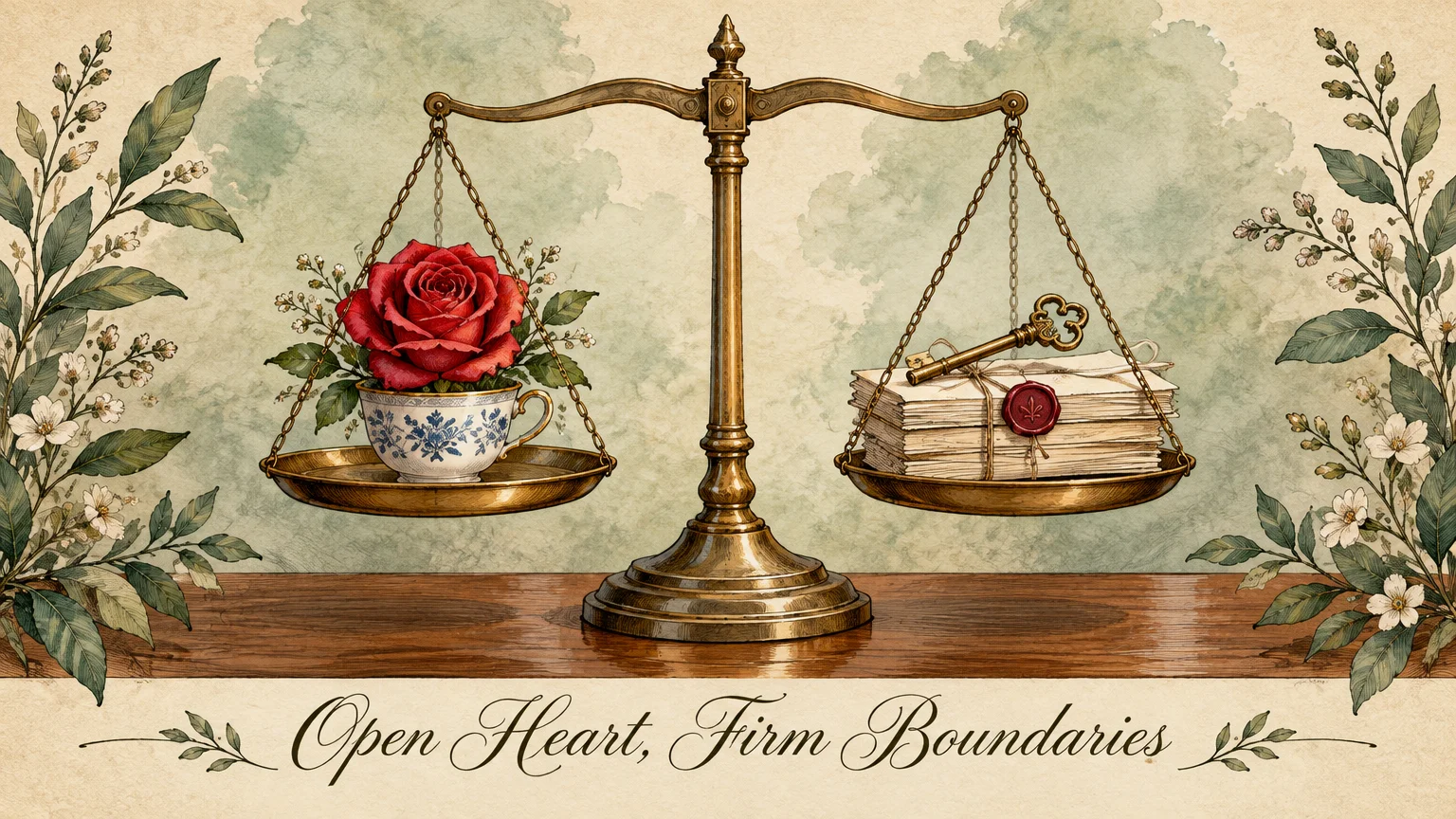 Illustration of brass balance scales holding a teacup with a red rose on one side and tied letters with a key on the other.