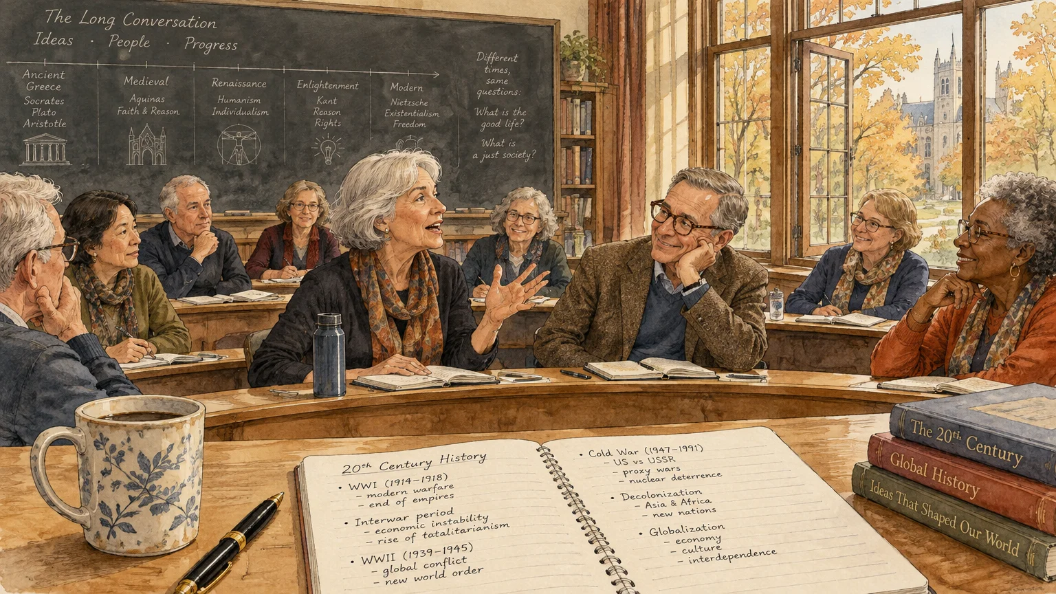 Older adults talking in a sunny university seminar classroom with a blackboard and open history notebooks.