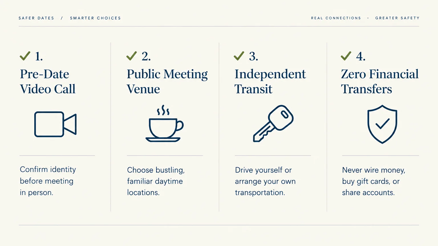 Infographic showing four dating safety steps: video call, public venue, independent transit, and zero financial transfers.