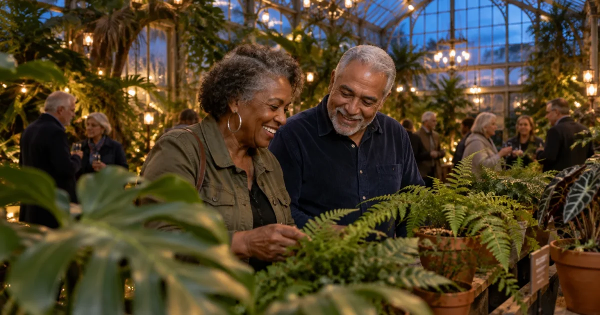 A smiling mature couple examines potted ferns inside an illuminated greenhouse evening event with other guests.