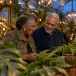 A smiling mature couple examines potted ferns inside an illuminated greenhouse evening event with other guests.