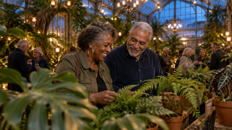 A smiling mature couple examines potted ferns inside an illuminated greenhouse evening event with other guests.