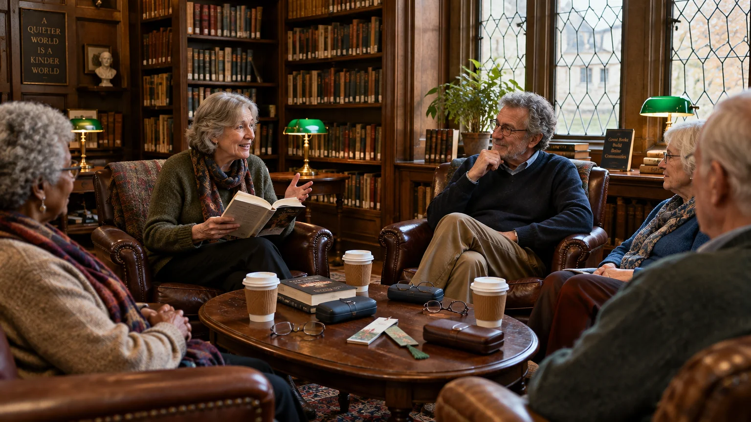 Older adults sitting in leather armchairs around a coffee table discussing an open book in a library.