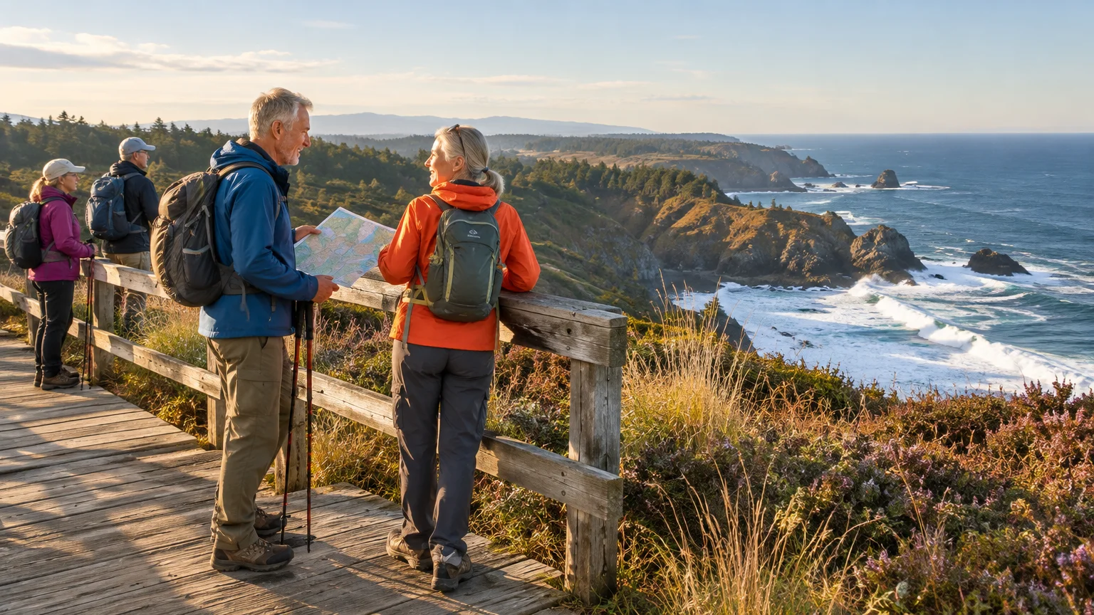 Hikers with backpacks stand on a wooden boardwalk trail overlooking a rugged ocean coastline, looking at a map.
