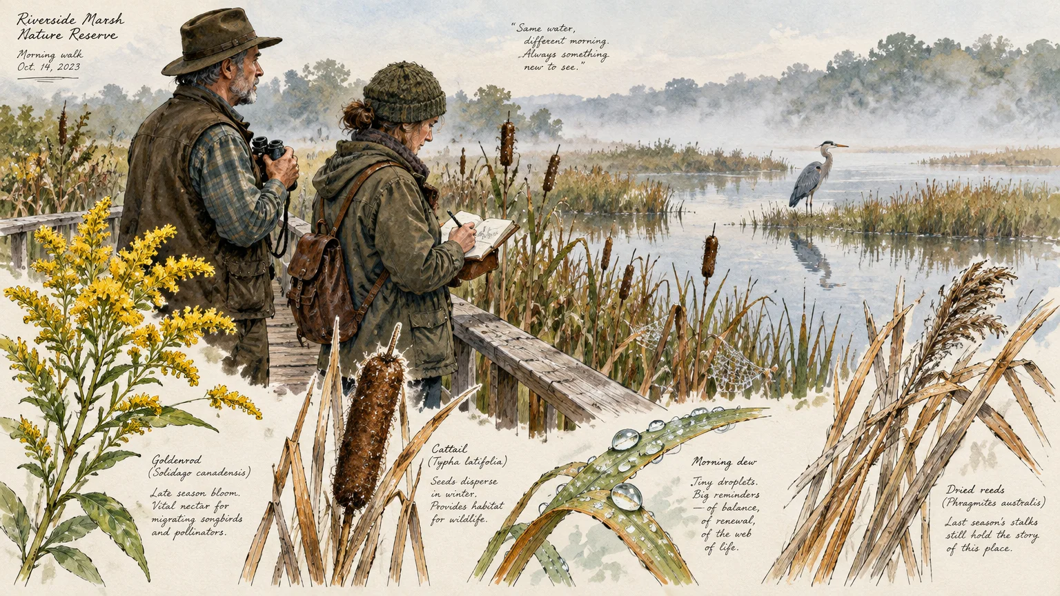 Illustration of an older couple birdwatching and sketching in a marsh, surrounded by botanical nature notes.
