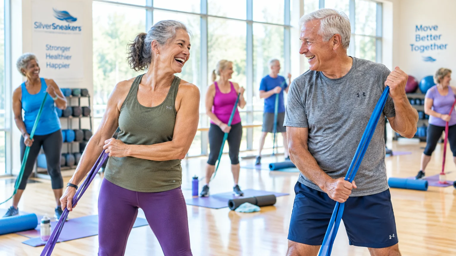 Older adults smiling and laughing while exercising with resistance bands in a bright fitness studio.