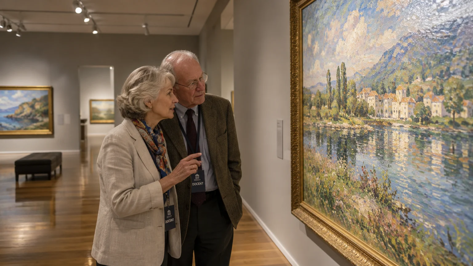 Senior man and woman wearing docent badges look closely at an impressionist oil painting in a gallery.