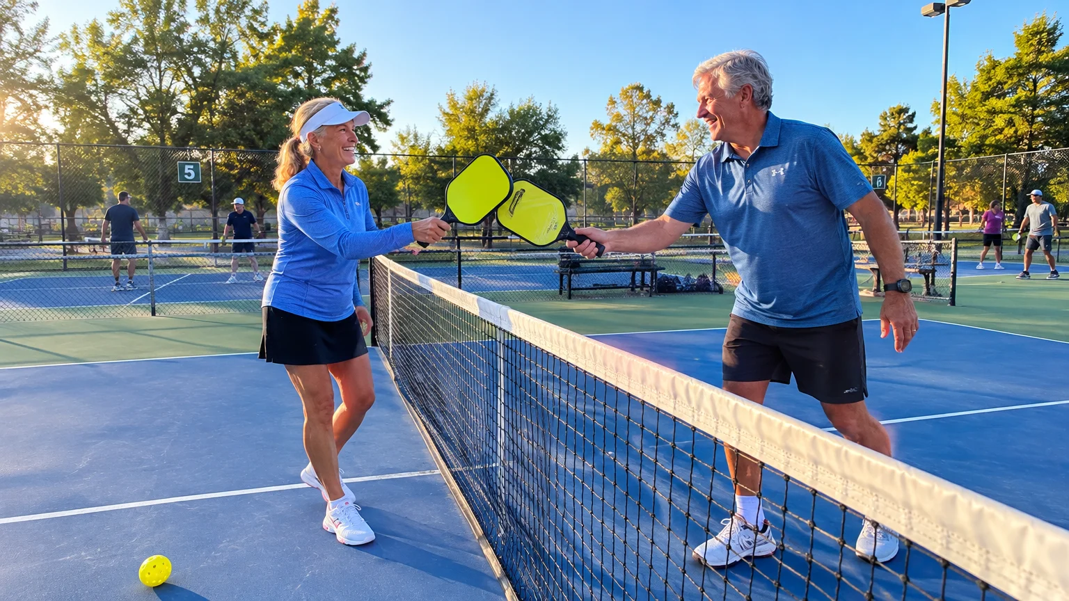 A smiling man and woman tap yellow pickleball paddles over a court net on an outdoor court.