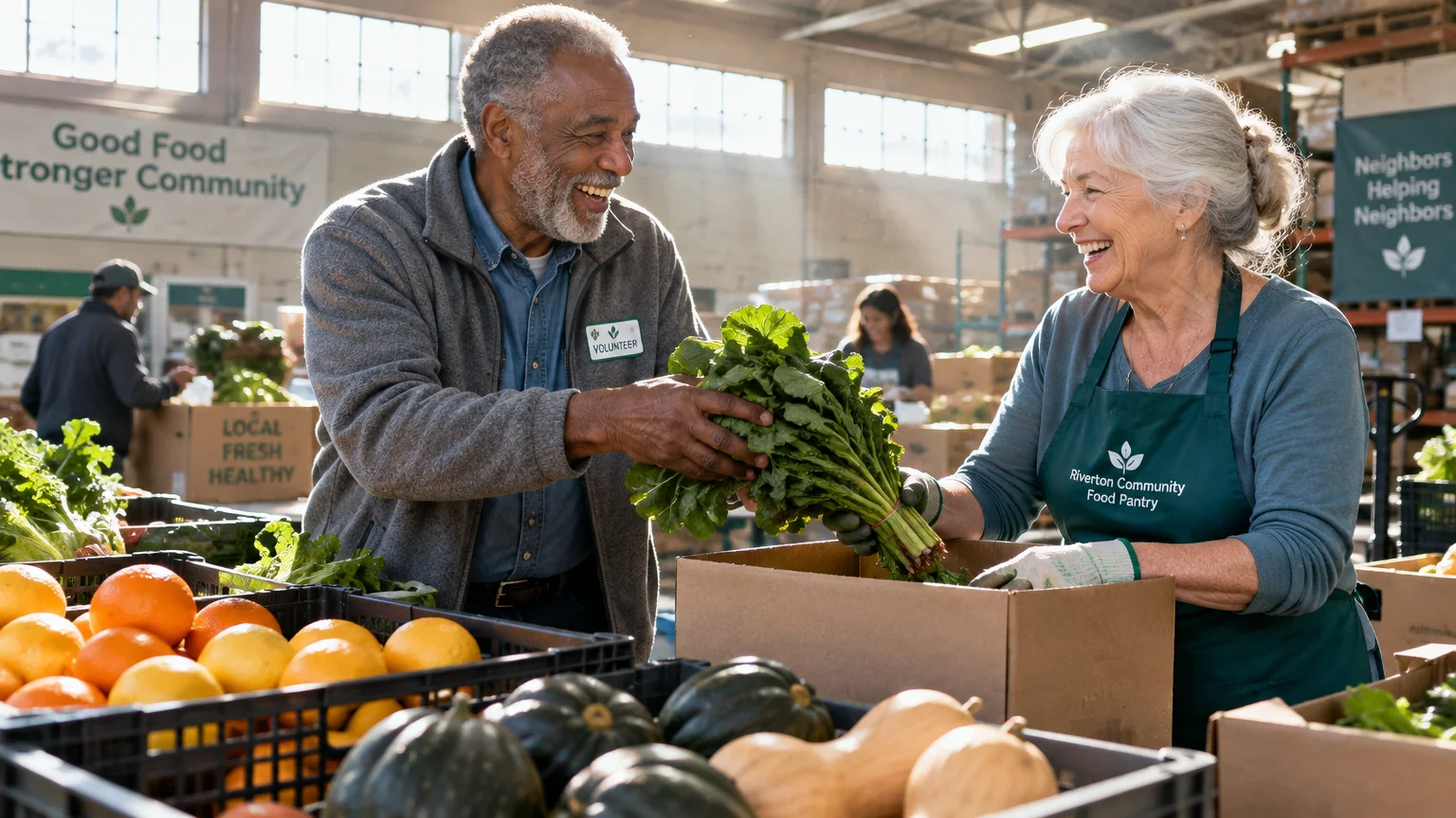 An older man and woman smile while packing fresh produce into a box at a community food pantry warehouse.