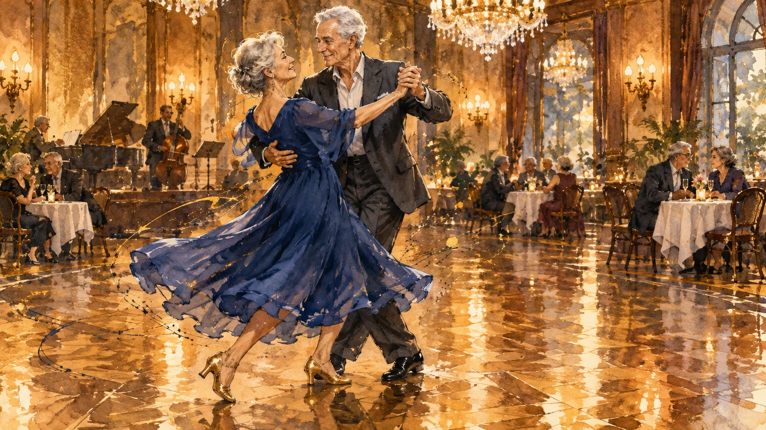 Illustration of a senior man in a suit and a woman in a blue dress dancing in an elegant ballroom.