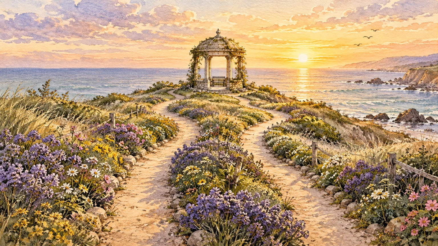 Watercolor painting of two flower-lined dirt paths leading toward a stone gazebo on a coastal cliff at sunset.